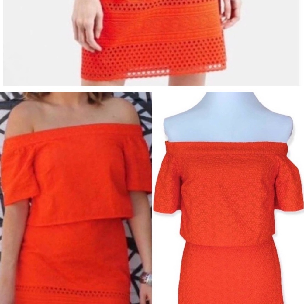 TopShop Orange Embroidered Eyelet Off Shoulder Dress | Wedding Guest | Sz 4